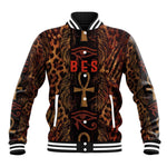 Bes Ancient Egyptian Baseball Jacket with Leopard Print Ankh and Eye of Horus Egyptian Deity Tribute - African Pride