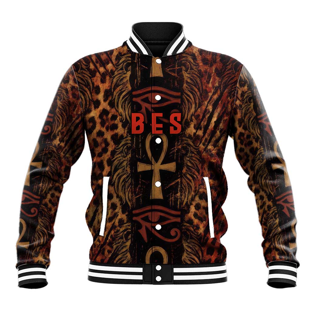Bes Ancient Egyptian Baseball Jacket with Leopard Print Ankh and Eye of Horus Egyptian Deity Tribute - African Pride