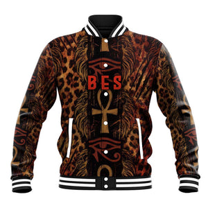 Bes Ancient Egyptian Baseball Jacket with Leopard Print Ankh and Eye of Horus Egyptian Deity Tribute - African Pride