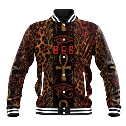 Bes Ancient Egyptian Baseball Jacket with Leopard Print Ankh and Eye of Horus Egyptian Deity Tribute - African Pride