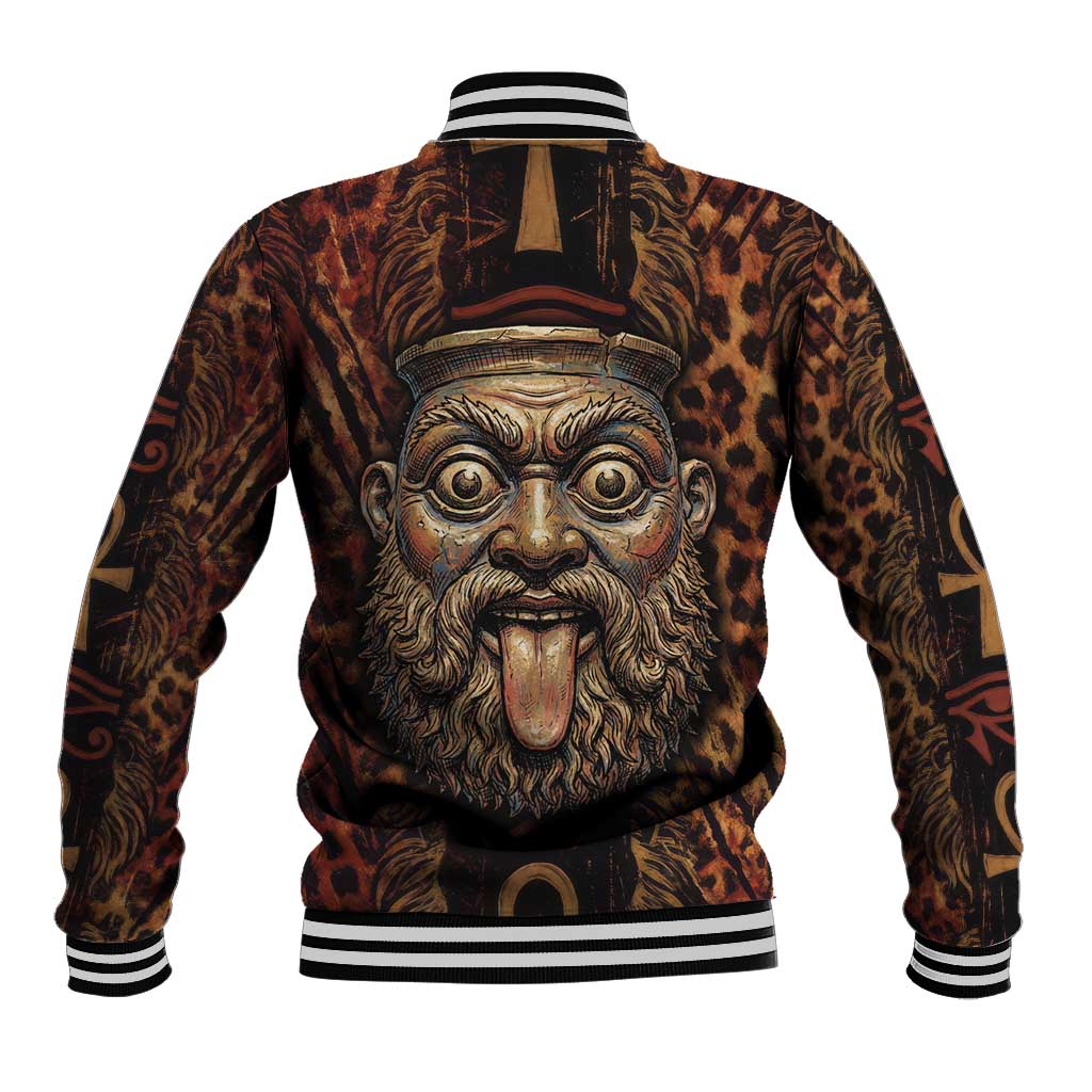 Bes Ancient Egyptian Baseball Jacket with Leopard Print Ankh and Eye of Horus Egyptian Deity Tribute - African Pride