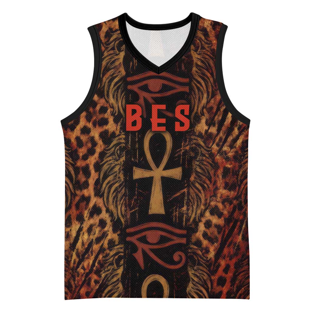 Bes Ancient Egyptian Basketball Jersey with Leopard Print Ankh and Eye of Horus Egyptian Deity Tribute - African Pride