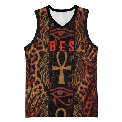 Bes Ancient Egyptian Basketball Jersey with Leopard Print Ankh and Eye of Horus Egyptian Deity Tribute - African Pride