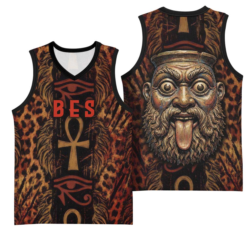 Bes Ancient Egyptian Basketball Jersey with Leopard Print Ankh and Eye of Horus Egyptian Deity Tribute - African Pride