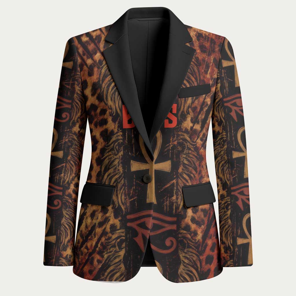 Bes Ancient Egyptian Blazer with Leopard Print Ankh and Eye of Horus Egyptian Deity Tribute - African Pride