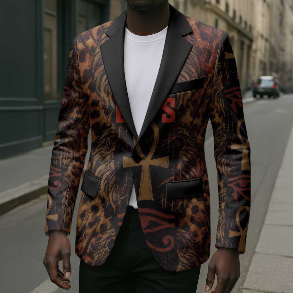 Bes Ancient Egyptian Blazer with Leopard Print Ankh and Eye of Horus Egyptian Deity Tribute - African Pride