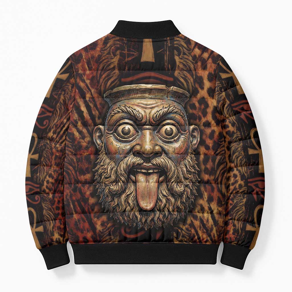 Bes Ancient Egyptian Bomber Puffer Jacket with Leopard Print Ankh and Eye of Horus Egyptian Deity Tribute - African Pride