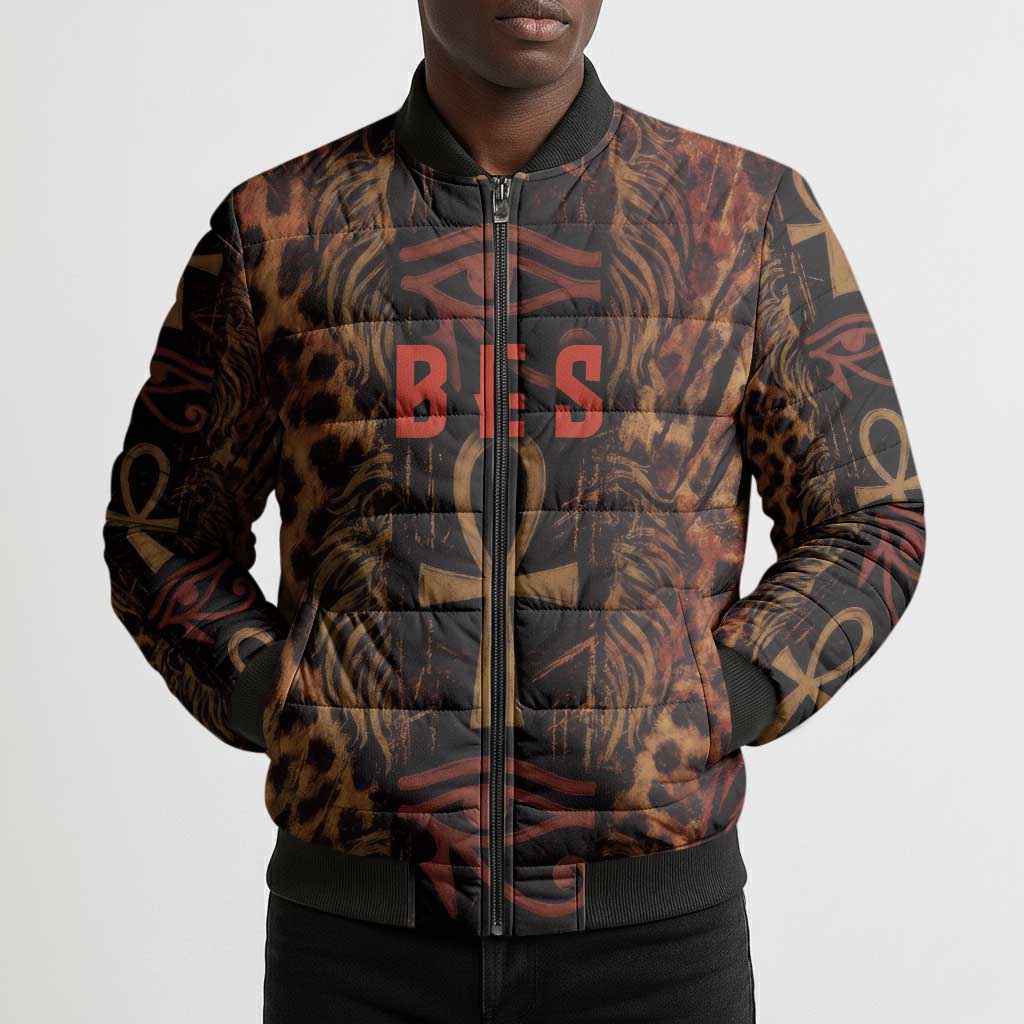 Bes Ancient Egyptian Bomber Puffer Jacket with Leopard Print Ankh and Eye of Horus Egyptian Deity Tribute - African Pride