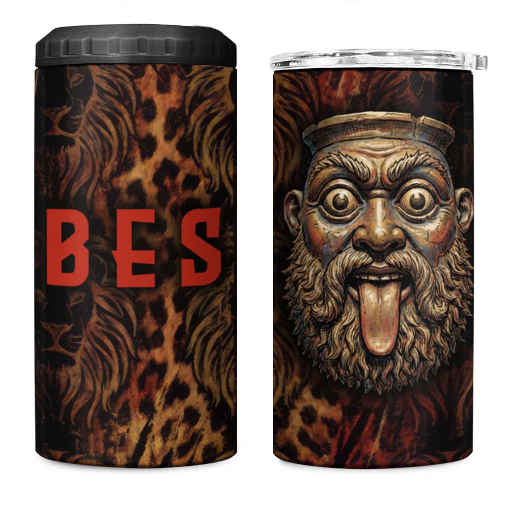 Bes Ancient Egyptian 4 in 1 Can Cooler Tumbler with Leopard Print Ankh and Eye of Horus Egyptian Deity Tribute - African Pride