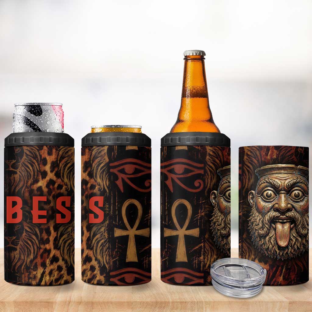 Bes Ancient Egyptian 4 in 1 Can Cooler Tumbler with Leopard Print Ankh and Eye of Horus Egyptian Deity Tribute - African Pride