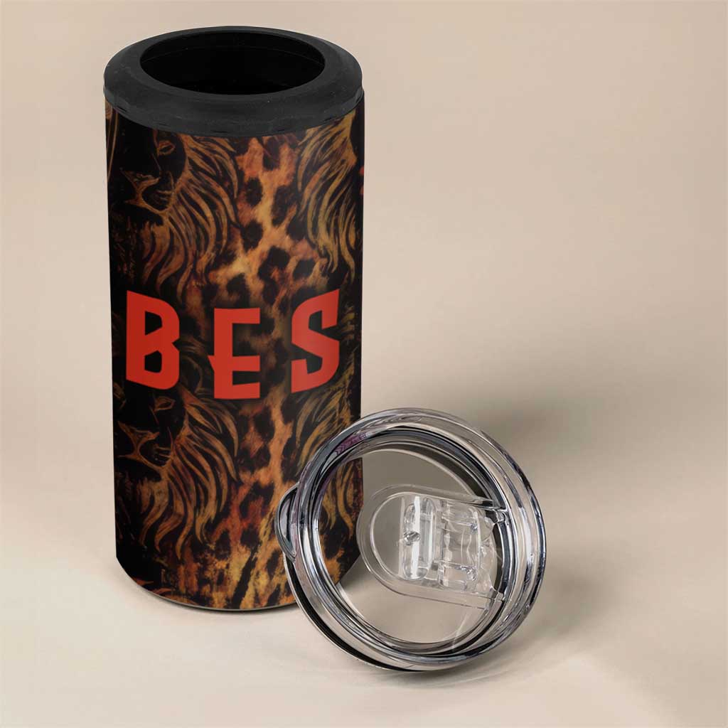 Bes Ancient Egyptian 4 in 1 Can Cooler Tumbler with Leopard Print Ankh and Eye of Horus Egyptian Deity Tribute - African Pride