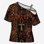 Bes Ancient Egyptian Cross Shoulder Shirt with Leopard Print Ankh and Eye of Horus Egyptian Deity Tribute - African Pride