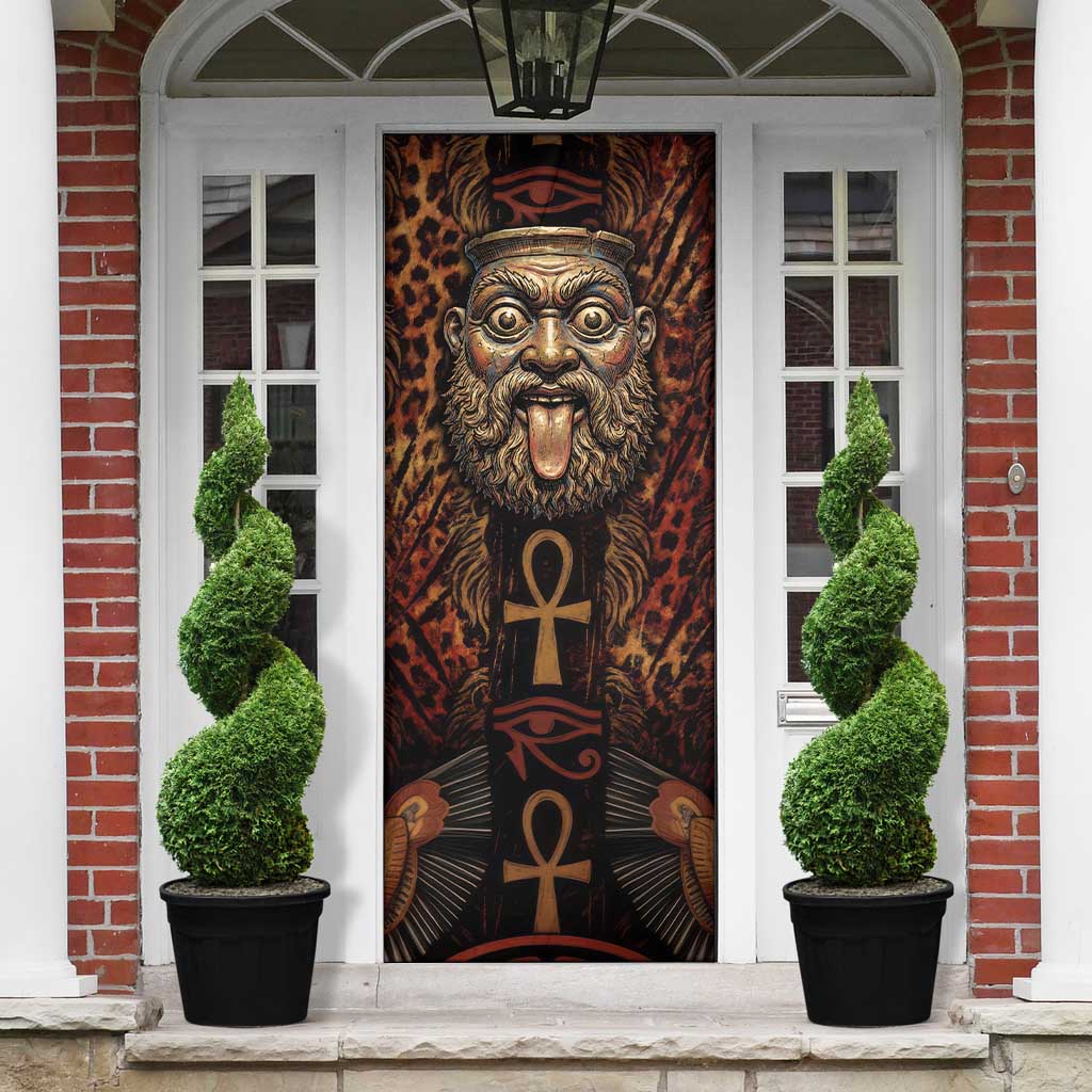 Bes Ancient Egyptian Door Cover with Leopard Print Ankh and Eye of Horus Egyptian Deity Tribute - African Pride