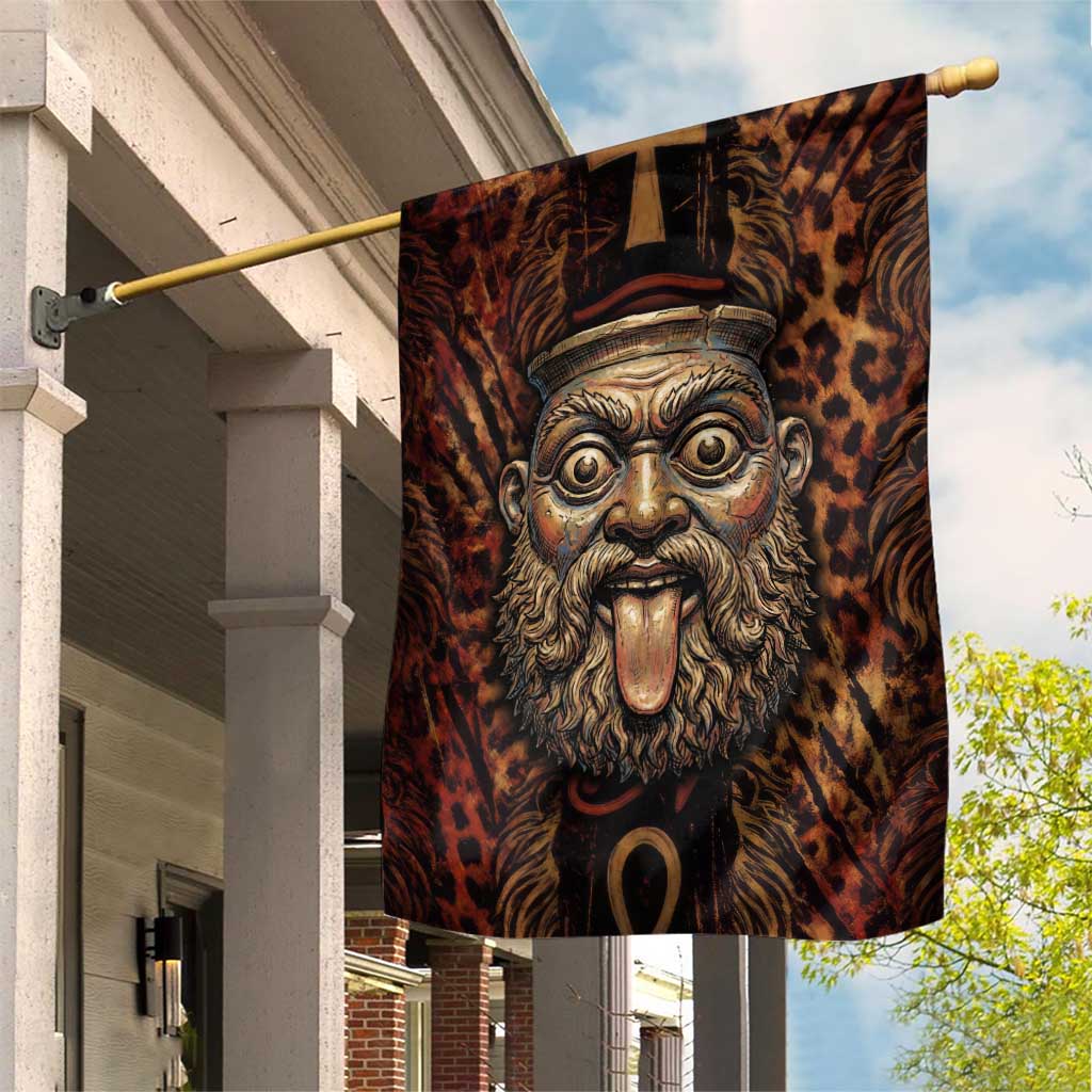 Bes Ancient Egyptian Garden Flag with Leopard Print Ankh and Eye of Horus Egyptian Deity Tribute - African Pride