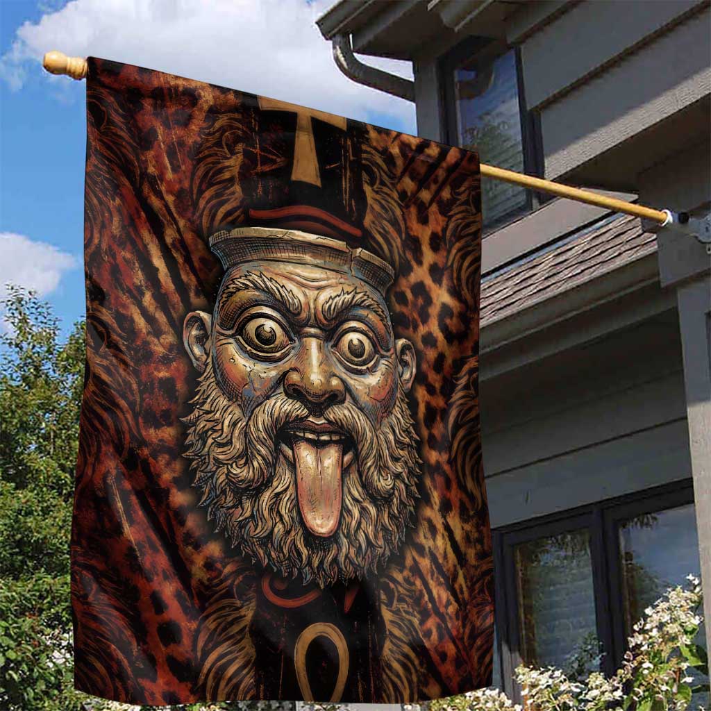 Bes Ancient Egyptian Garden Flag with Leopard Print Ankh and Eye of Horus Egyptian Deity Tribute - African Pride