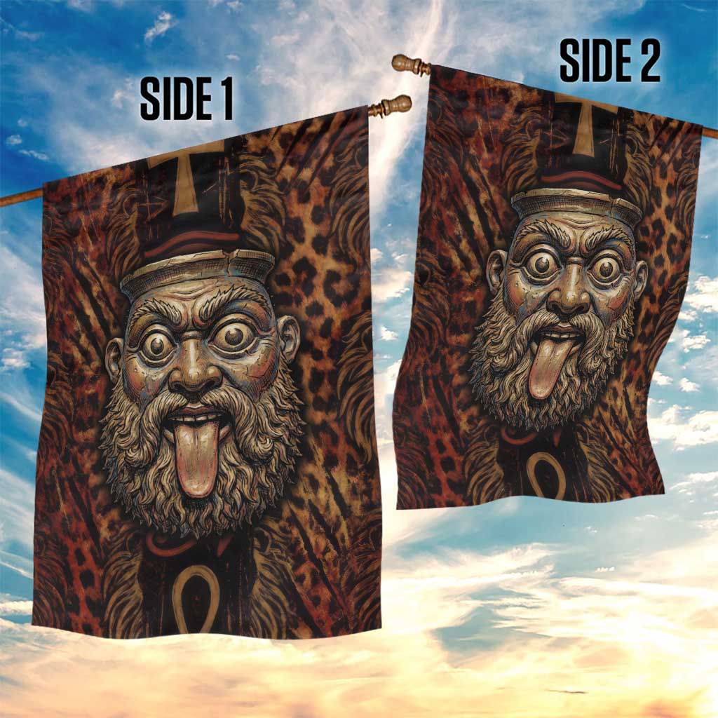 Bes Ancient Egyptian Garden Flag with Leopard Print Ankh and Eye of Horus Egyptian Deity Tribute - African Pride