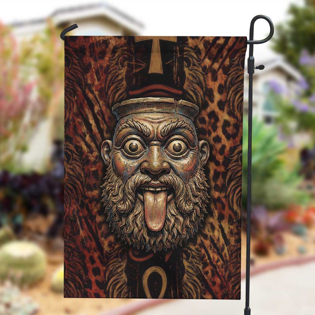 Bes Ancient Egyptian Garden Flag with Leopard Print Ankh and Eye of Horus Egyptian Deity Tribute - African Pride
