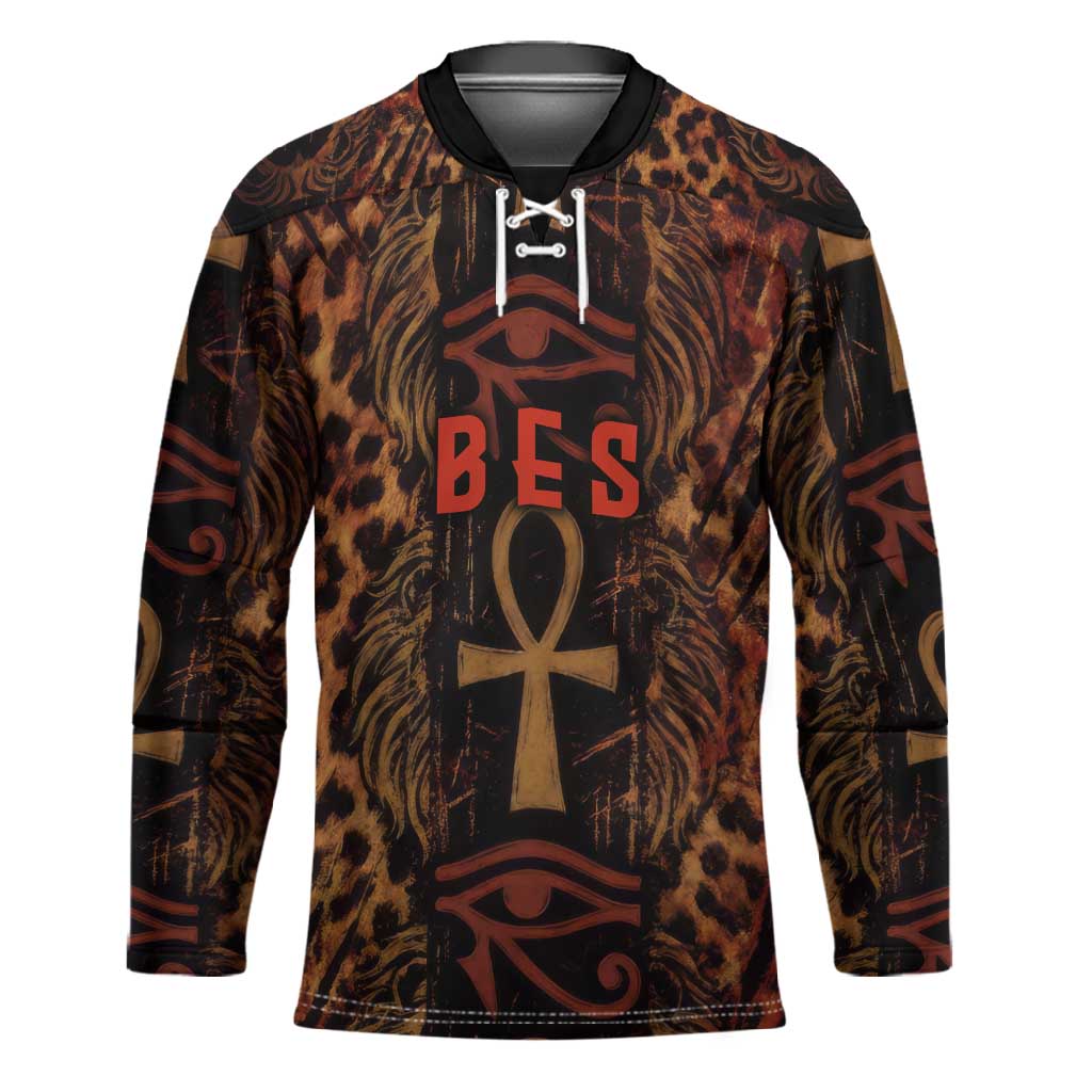 Bes Ancient Egyptian Hockey Jersey with Leopard Print Ankh and Eye of Horus Egyptian Deity Tribute - African Pride