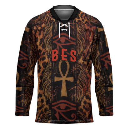 Bes Ancient Egyptian Hockey Jersey with Leopard Print Ankh and Eye of Horus Egyptian Deity Tribute - African Pride