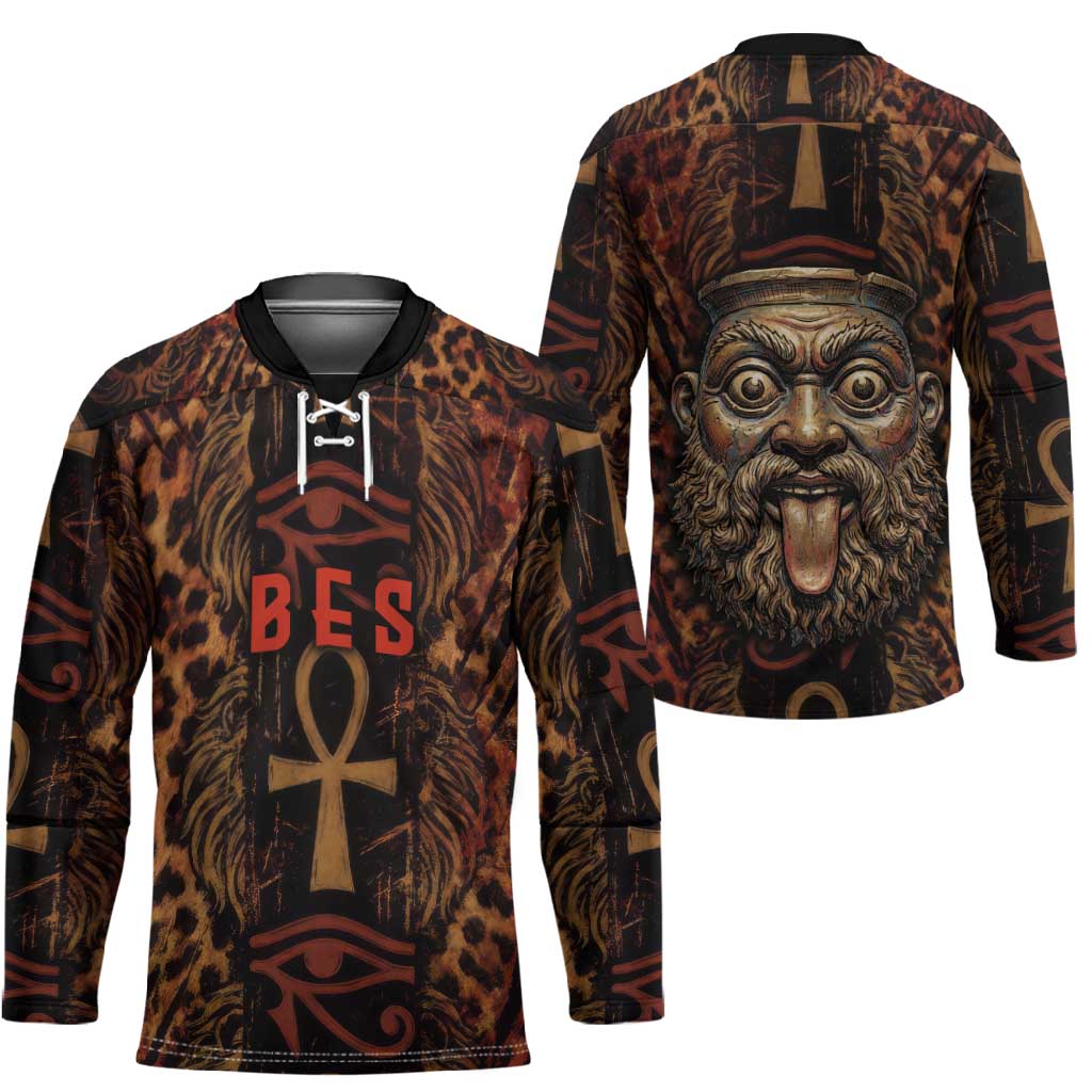 Bes Ancient Egyptian Hockey Jersey with Leopard Print Ankh and Eye of Horus Egyptian Deity Tribute - African Pride