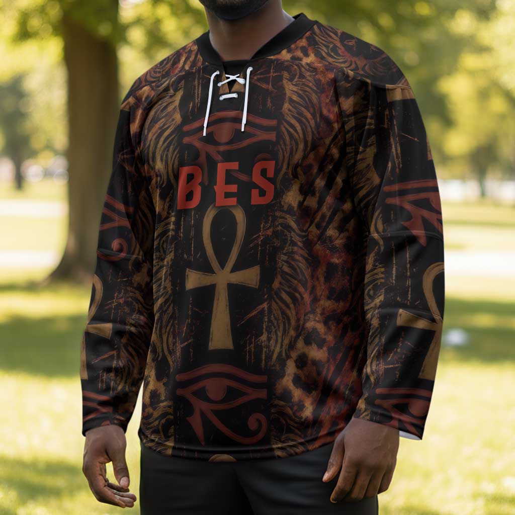 Bes Ancient Egyptian Hockey Jersey with Leopard Print Ankh and Eye of Horus Egyptian Deity Tribute - African Pride