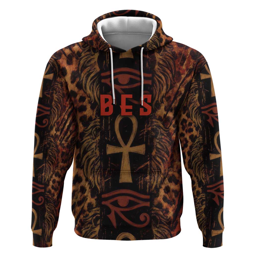 Bes Ancient Egyptian Hoodie with Leopard Print Ankh and Eye of Horus Egyptian Deity Tribute - African Pride