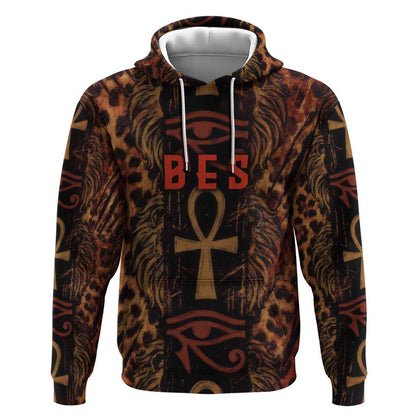 Bes Ancient Egyptian Hoodie with Leopard Print Ankh and Eye of Horus Egyptian Deity Tribute - African Pride