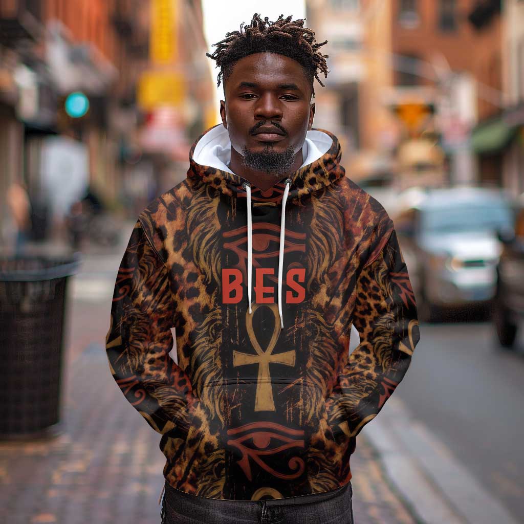 Bes Ancient Egyptian Hoodie with Leopard Print Ankh and Eye of Horus Egyptian Deity Tribute - African Pride