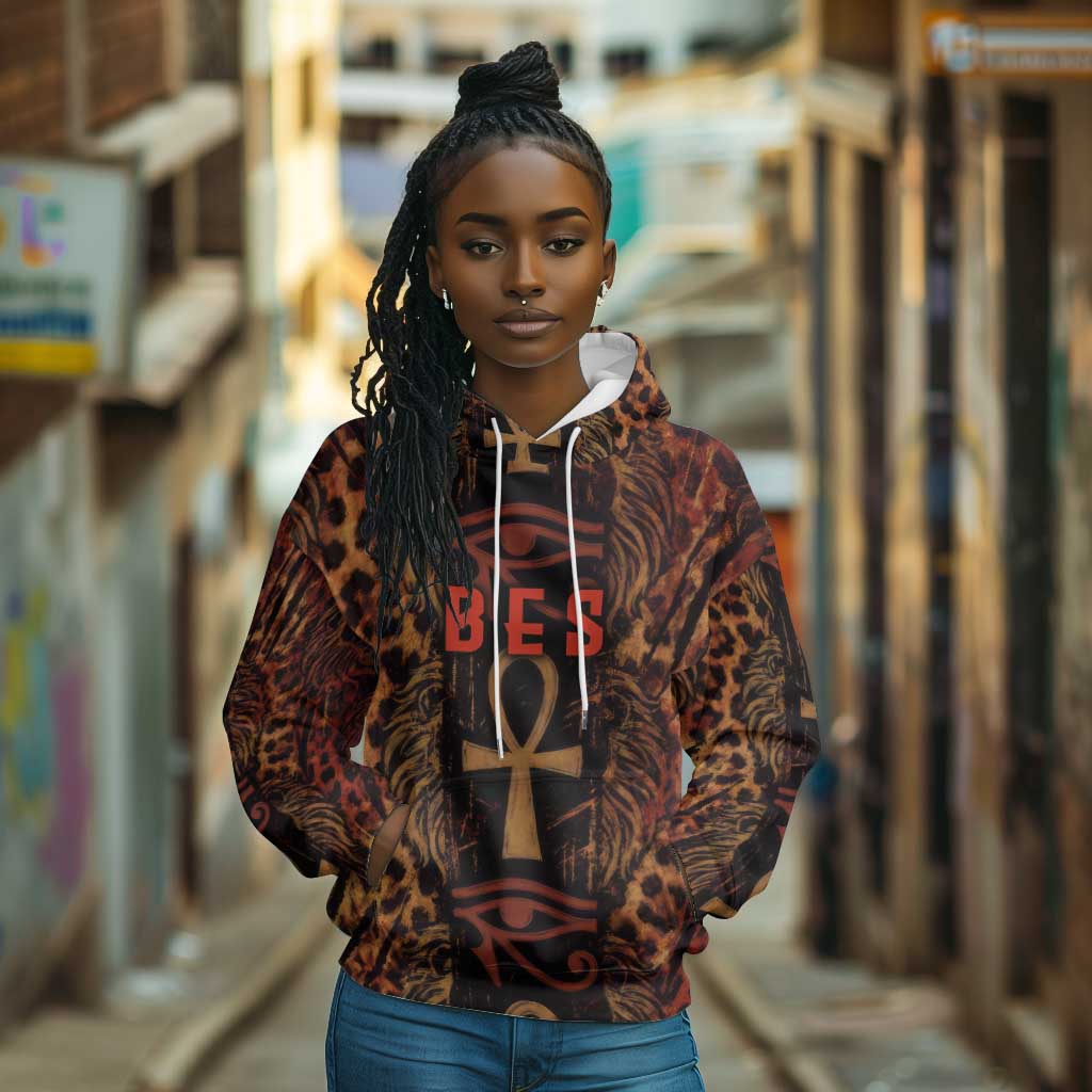 Bes Ancient Egyptian Hoodie with Leopard Print Ankh and Eye of Horus Egyptian Deity Tribute - African Pride