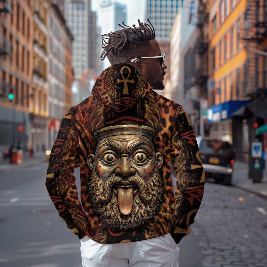 Bes Ancient Egyptian Hoodie with Leopard Print Ankh and Eye of Horus Egyptian Deity Tribute - African Pride