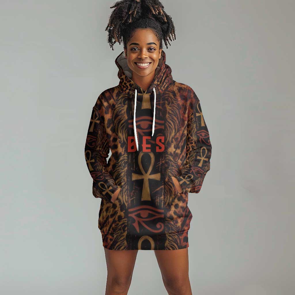 Bes Ancient Egyptian Hoodie Dress with Leopard Print Ankh and Eye of Horus Egyptian Deity Tribute - African Pride