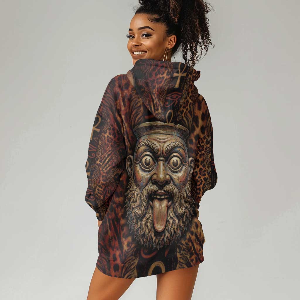Bes Ancient Egyptian Hoodie Dress with Leopard Print Ankh and Eye of Horus Egyptian Deity Tribute - African Pride