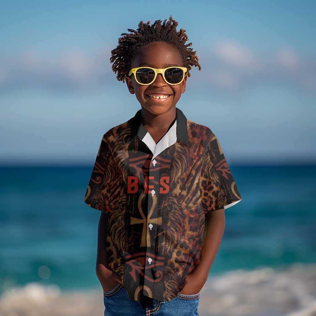 Bes Ancient Egyptian Kid Hawaiian Shirt with Leopard Print Ankh and Eye of Horus Egyptian Deity Tribute - African Pride