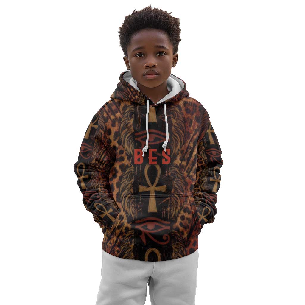 Bes Ancient Egyptian Kid Hoodie with Leopard Print Ankh and Eye of Horus Egyptian Deity Tribute - African Pride