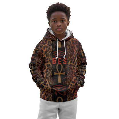 Bes Ancient Egyptian Kid Hoodie with Leopard Print Ankh and Eye of Horus Egyptian Deity Tribute - African Pride
