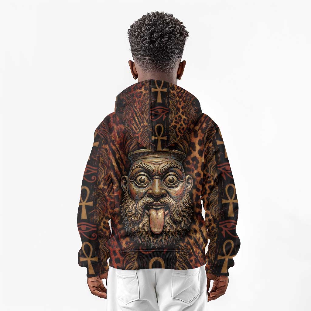 Bes Ancient Egyptian Kid Hoodie with Leopard Print Ankh and Eye of Horus Egyptian Deity Tribute - African Pride