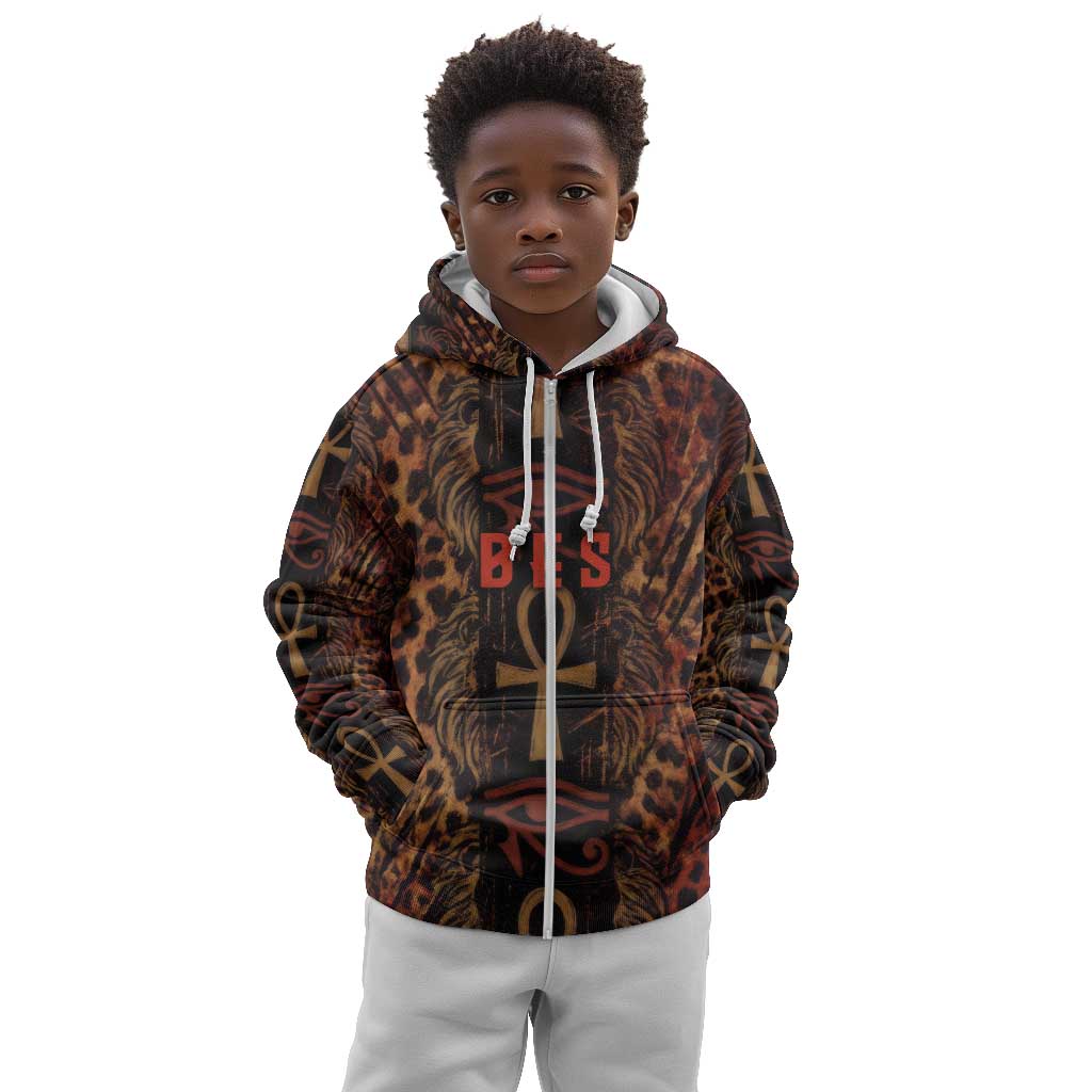 Bes Ancient Egyptian Kid Hoodie with Leopard Print Ankh and Eye of Horus Egyptian Deity Tribute - African Pride
