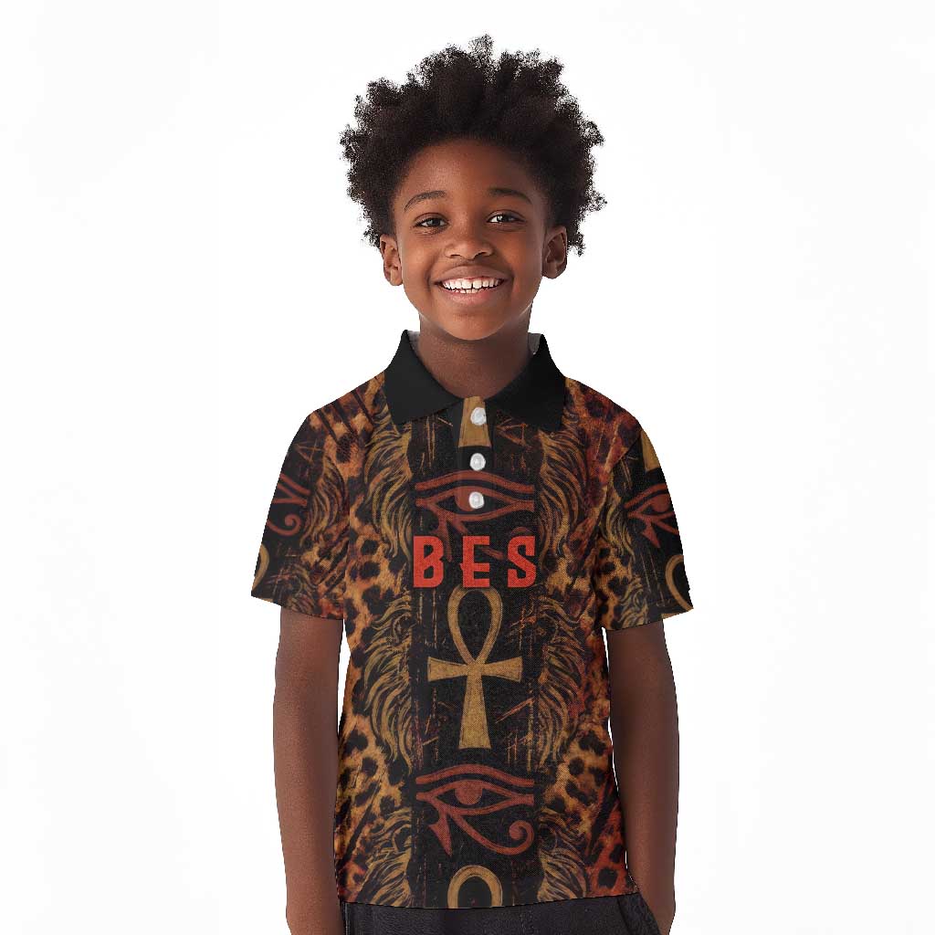 Bes Ancient Egyptian Kid Polo Shirt with Leopard Print Ankh and Eye of Horus Egyptian Deity Tribute - African Pride