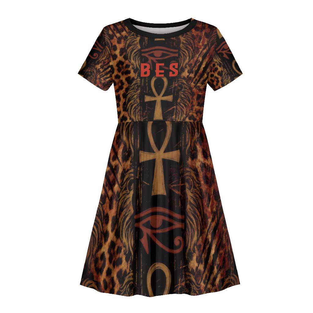 Bes Ancient Egyptian Kid Short Sleeve Dress with Leopard Print Ankh and Eye of Horus Egyptian Deity Tribute - African Pride