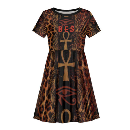 Bes Ancient Egyptian Kid Short Sleeve Dress with Leopard Print Ankh and Eye of Horus Egyptian Deity Tribute - African Pride