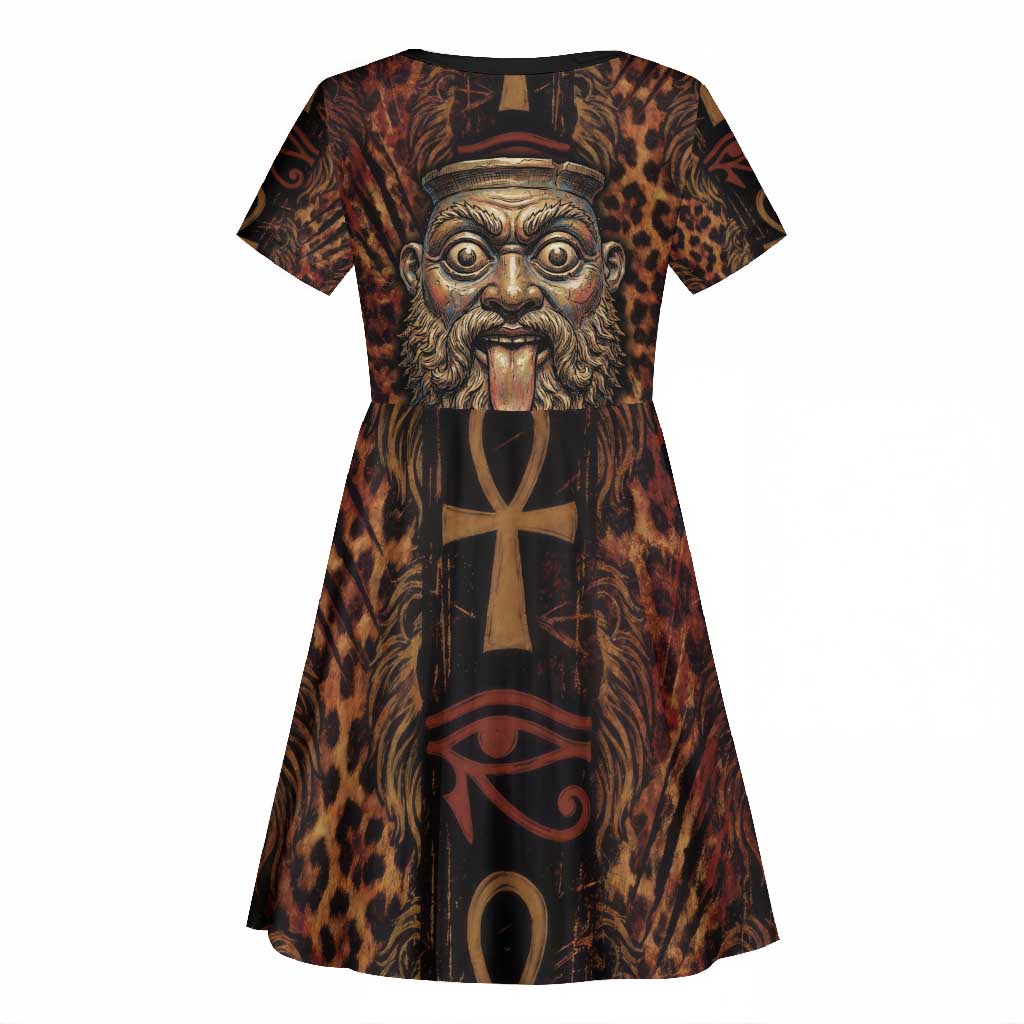 Bes Ancient Egyptian Kid Short Sleeve Dress with Leopard Print Ankh and Eye of Horus Egyptian Deity Tribute - African Pride