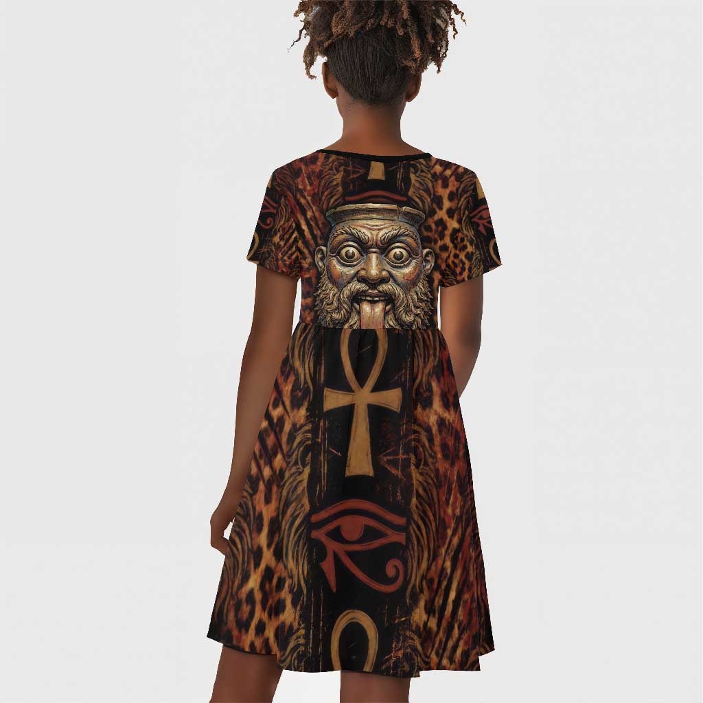 Bes Ancient Egyptian Kid Short Sleeve Dress with Leopard Print Ankh and Eye of Horus Egyptian Deity Tribute - African Pride