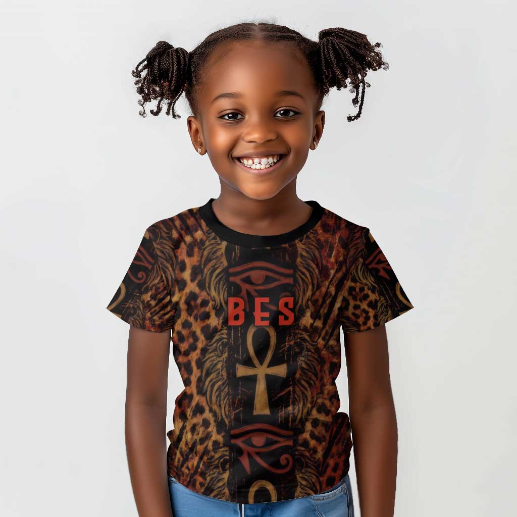 Bes Ancient Egyptian Kid T shirt with Leopard Print Ankh and Eye of Horus Egyptian Deity Tribute - African Pride