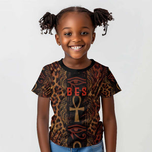 Bes Ancient Egyptian Kid T shirt with Leopard Print Ankh and Eye of Horus Egyptian Deity Tribute - African Pride