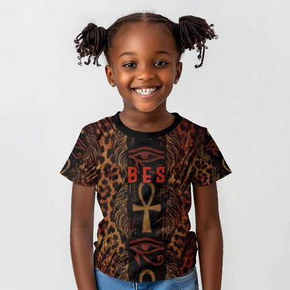 Bes Ancient Egyptian Kid T shirt with Leopard Print Ankh and Eye of Horus Egyptian Deity Tribute - African Pride