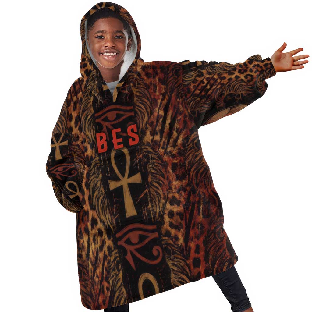 Bes Ancient Egyptian Kid Wearable Blanket Hoodie with Leopard Print Ankh and Eye of Horus Egyptian Deity Tribute - African Pride