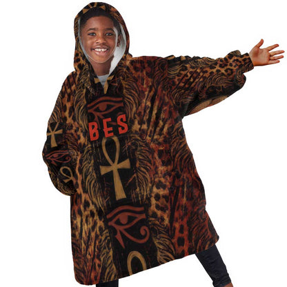 Bes Ancient Egyptian Kid Wearable Blanket Hoodie with Leopard Print Ankh and Eye of Horus Egyptian Deity Tribute - African Pride