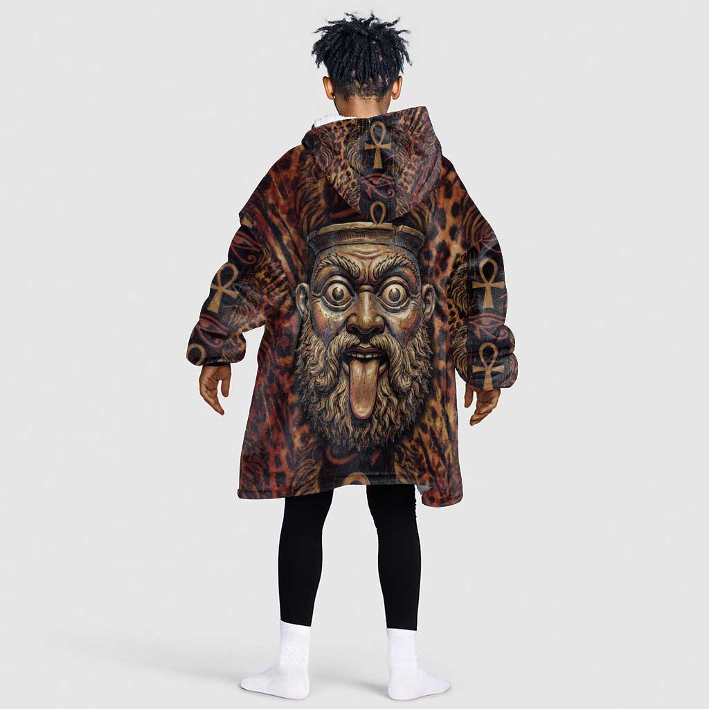Bes Ancient Egyptian Kid Wearable Blanket Hoodie with Leopard Print Ankh and Eye of Horus Egyptian Deity Tribute - African Pride