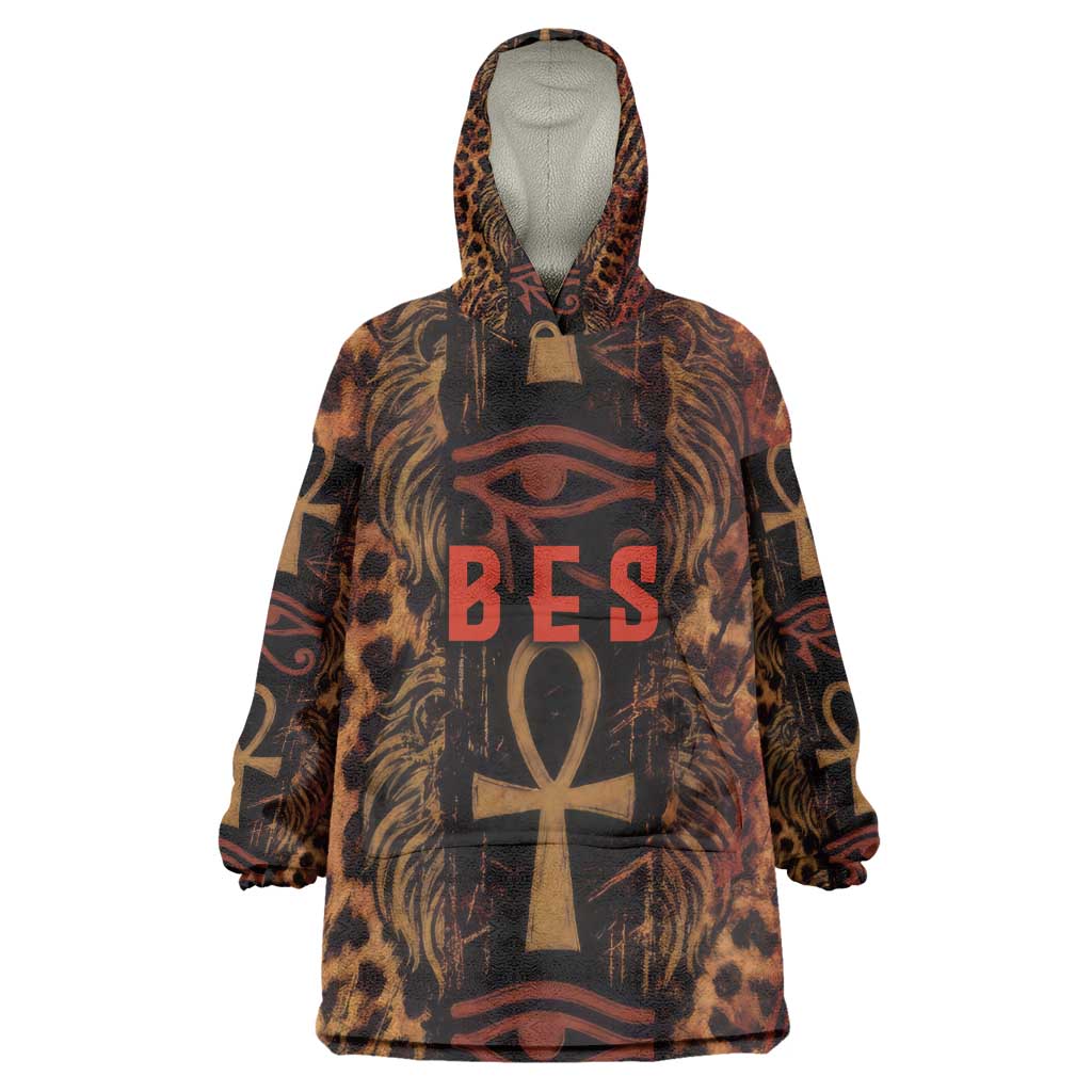 Bes Ancient Egyptian Kid Wearable Blanket Hoodie with Leopard Print Ankh and Eye of Horus Egyptian Deity Tribute - African Pride