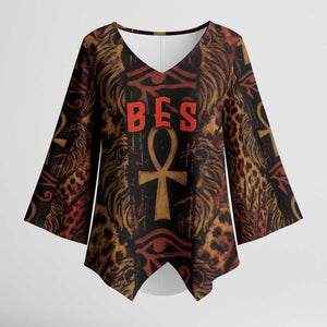 Bes Ancient Egyptian Kimono Sleeve Blouse with Leopard Print Ankh and Eye of Horus Egyptian Deity Tribute - African Pride